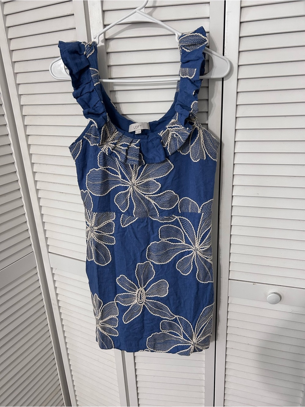 LOFT Blue Floral Ruffle-Shoulder Mini Dress